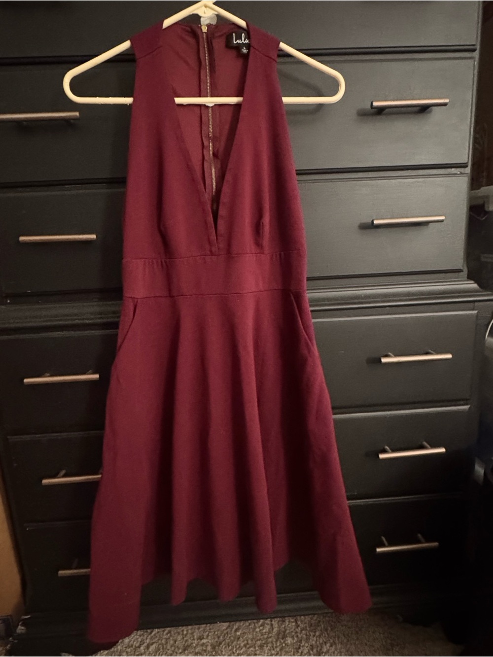 Lulus Forevermore Burgundy Deep V Skater Dress Women’s Large